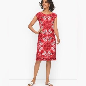 Talbots Red & Blue Intricate Bandana Bird Print Cotton Shift‎ Dress Size Small